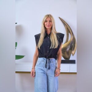 42B. Padded Shoulder Embellished Blouse - Black